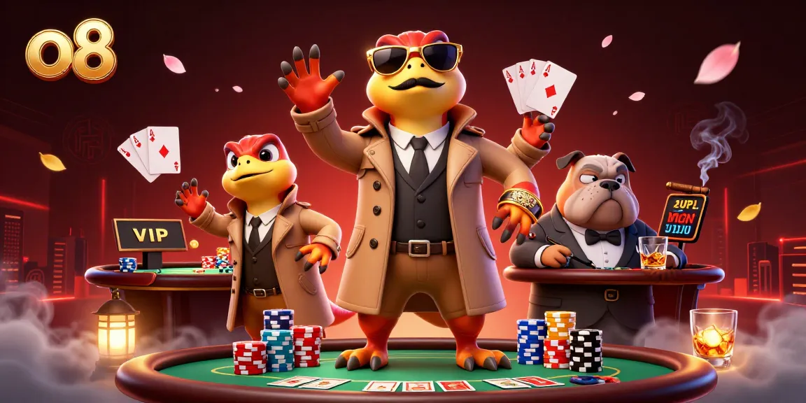 Experience the vibrant action at o8 with cartoon raptors attempting VIP access to a lively casino.