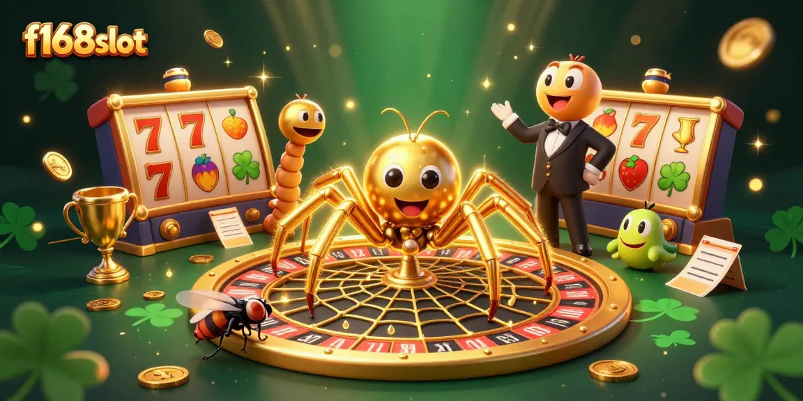 Engage in thrilling gameplay at f168slot with golden spider and roulette wheel illustration.