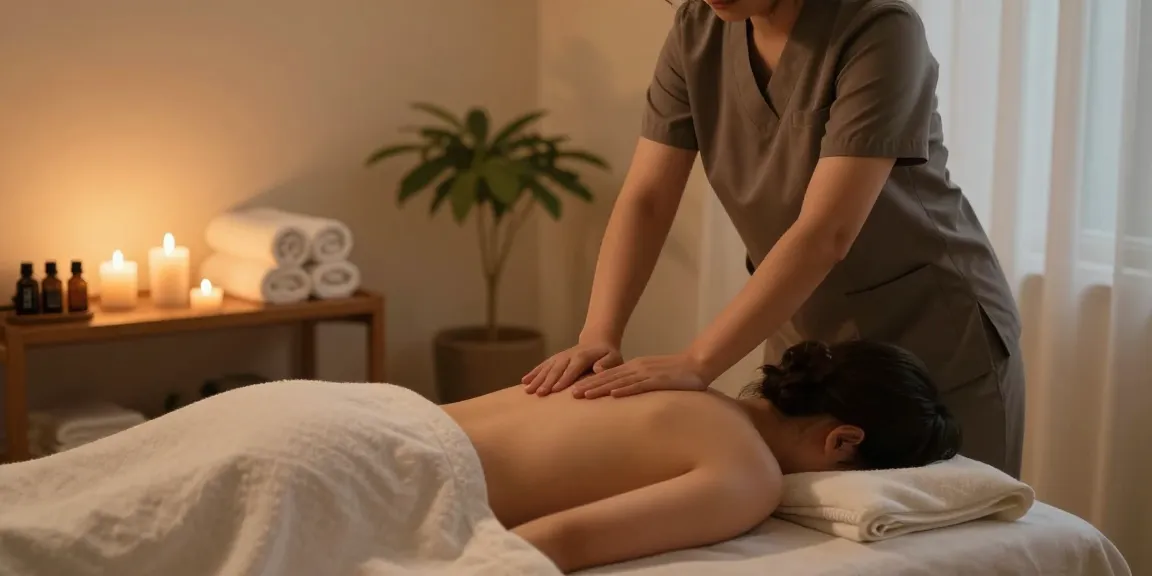 Enjoying 마포출장마사지 in a serene home setting with warm lighting and soothing ambiance.