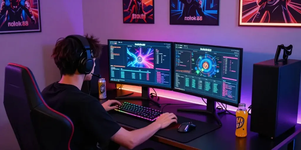 Engaged gamer experiencing intense gameplay at rokok88 setup.
