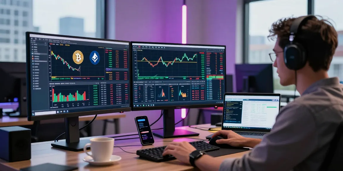 Engaged trader analyzing cryptocurrency trends on multiple screens at 업투익스체인지 exchange.