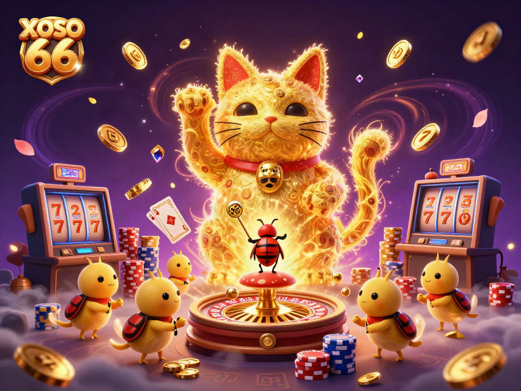 Experience the excitement of XOSO 66 as golden fireflies and game elements create a lively casino scene.