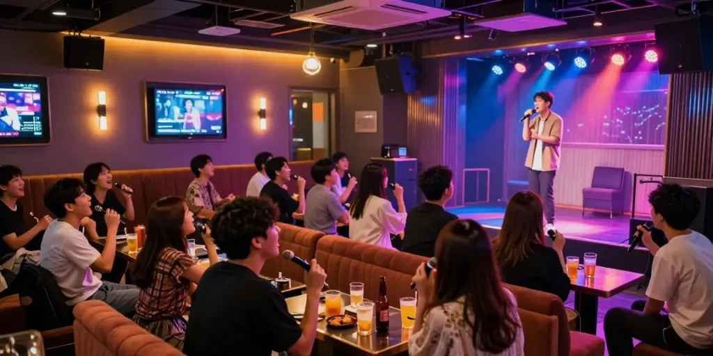 강남 달토 가라오케에서 즐거운 시간을 보내는 친구들과 노래하는 모습