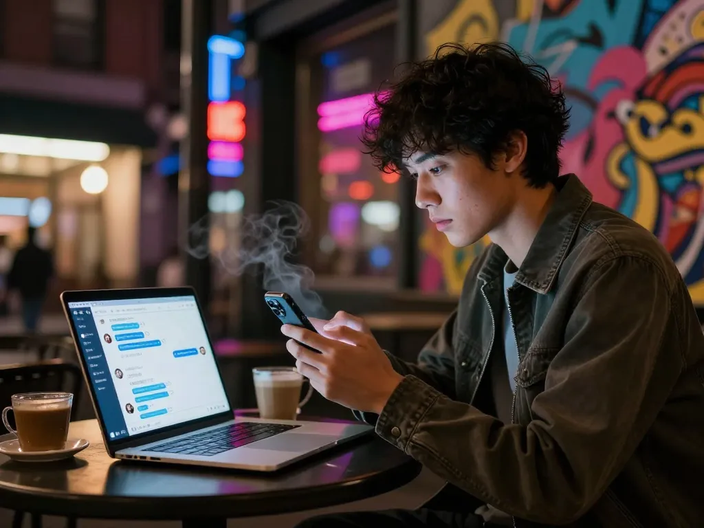 Engaging with an nsfw chat bot in a vibrant urban nightlife setting.