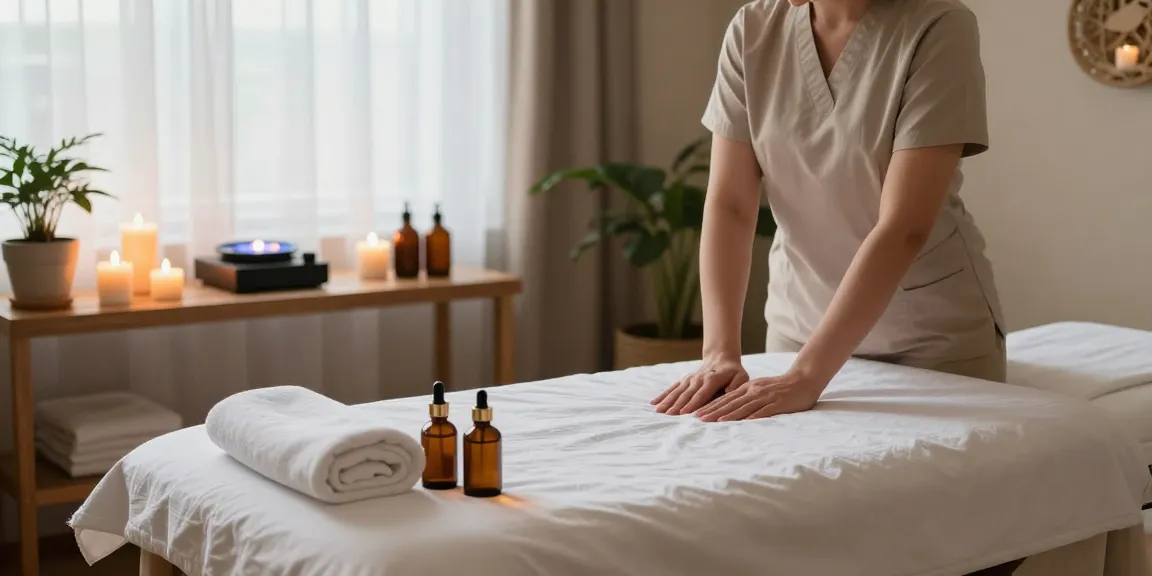 스웨디시 마사지 테이블 위에 고급 마사지 오일과 촉촉한 타올이 준비된 편안한 스파 환경