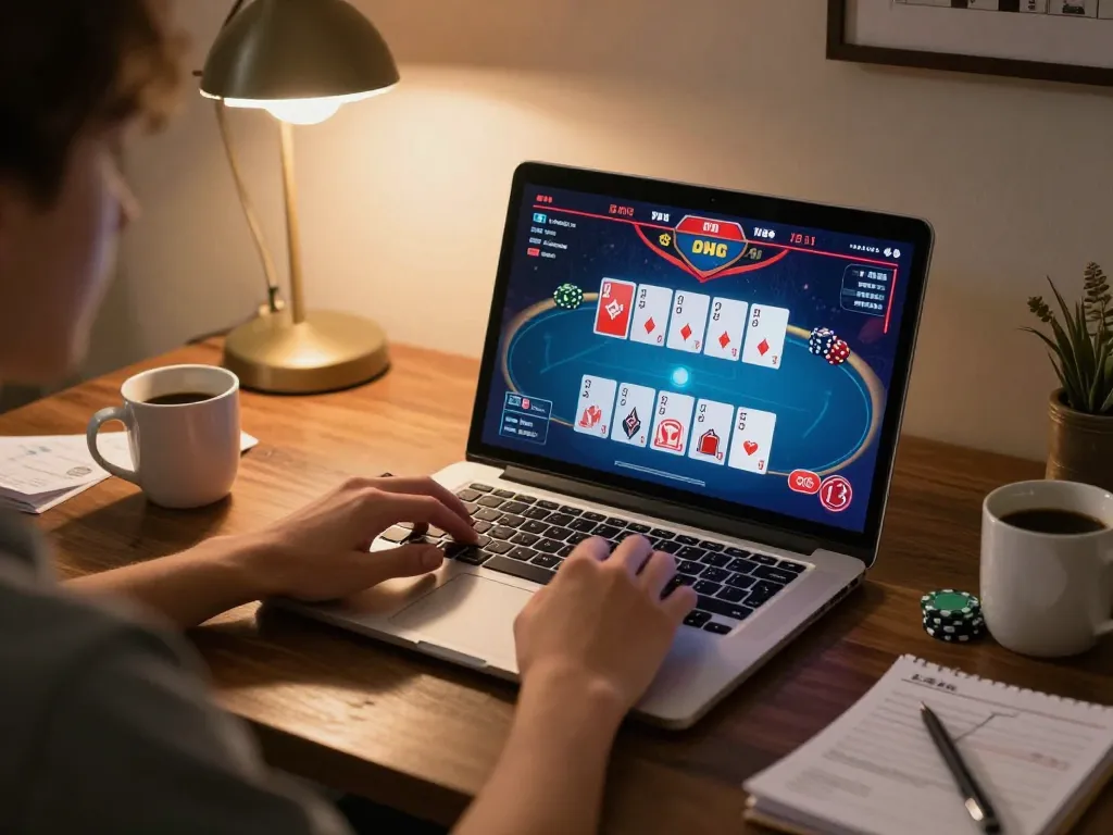 Engage in poker gameplay with link vào o8 on your laptop, showcasing a cozy home setup.