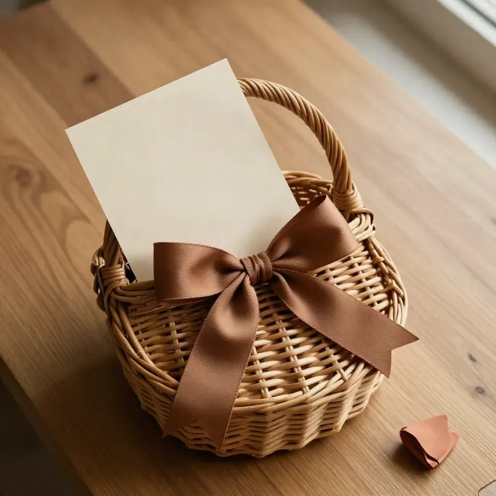 연한 오크 표면 위 브라운 리본 꽃바구니와 위커 손잡이, 길게 흐르는 리본이 있는 탑다운 구성