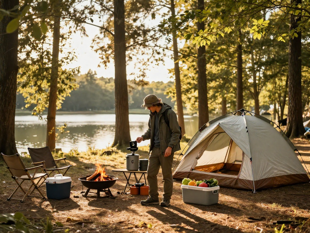 Person with rokok88 gear preparing camping essentials at a scenic forest campsite.