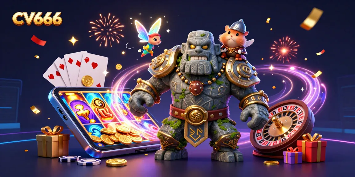 Unleashing excitement at CV666 with a magical golem and brave knight in a vibrant casino scene.