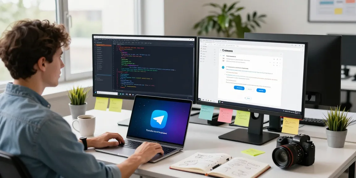 Download Telegram on multiple devices in a modern workspace showcasing coding and communication tools.