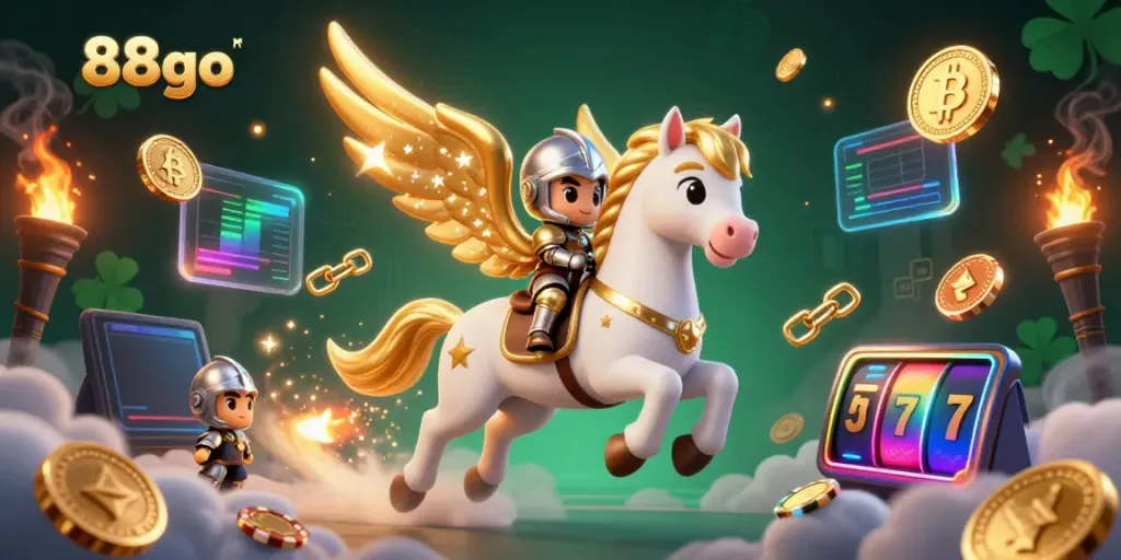 Engage with the 88go casino in this vibrant illustration featuring a celestial horse and knight amidst crypto elements.