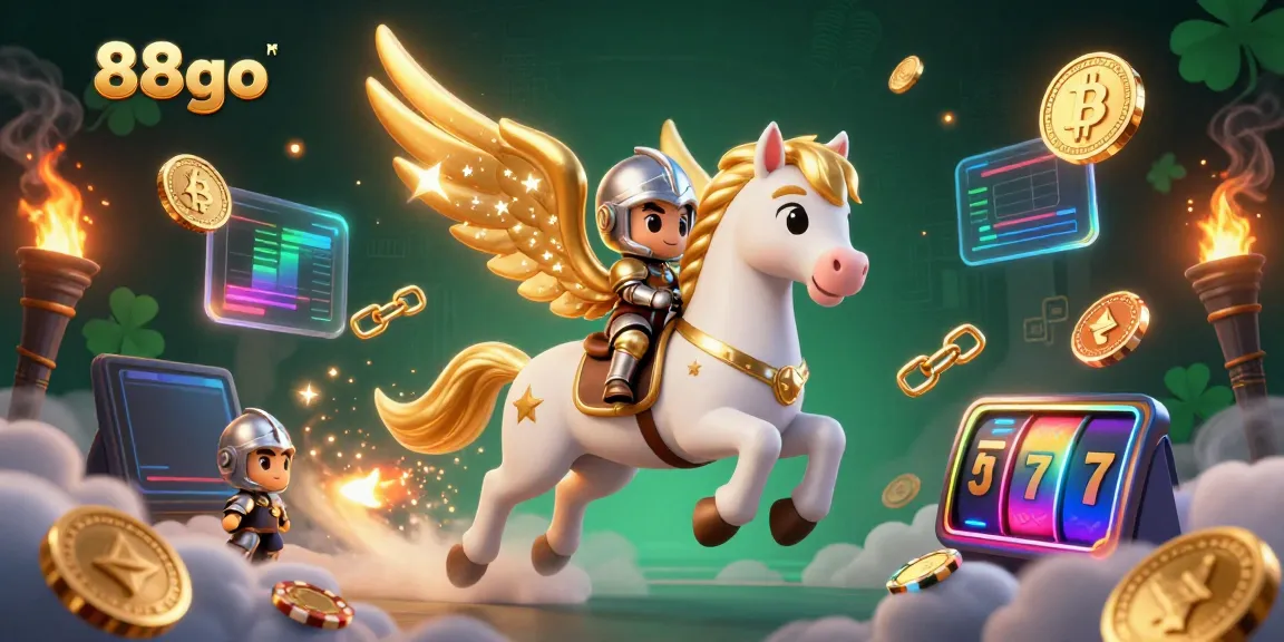 Engage with the 88go casino in this vibrant illustration featuring a celestial horse and knight amidst crypto elements.