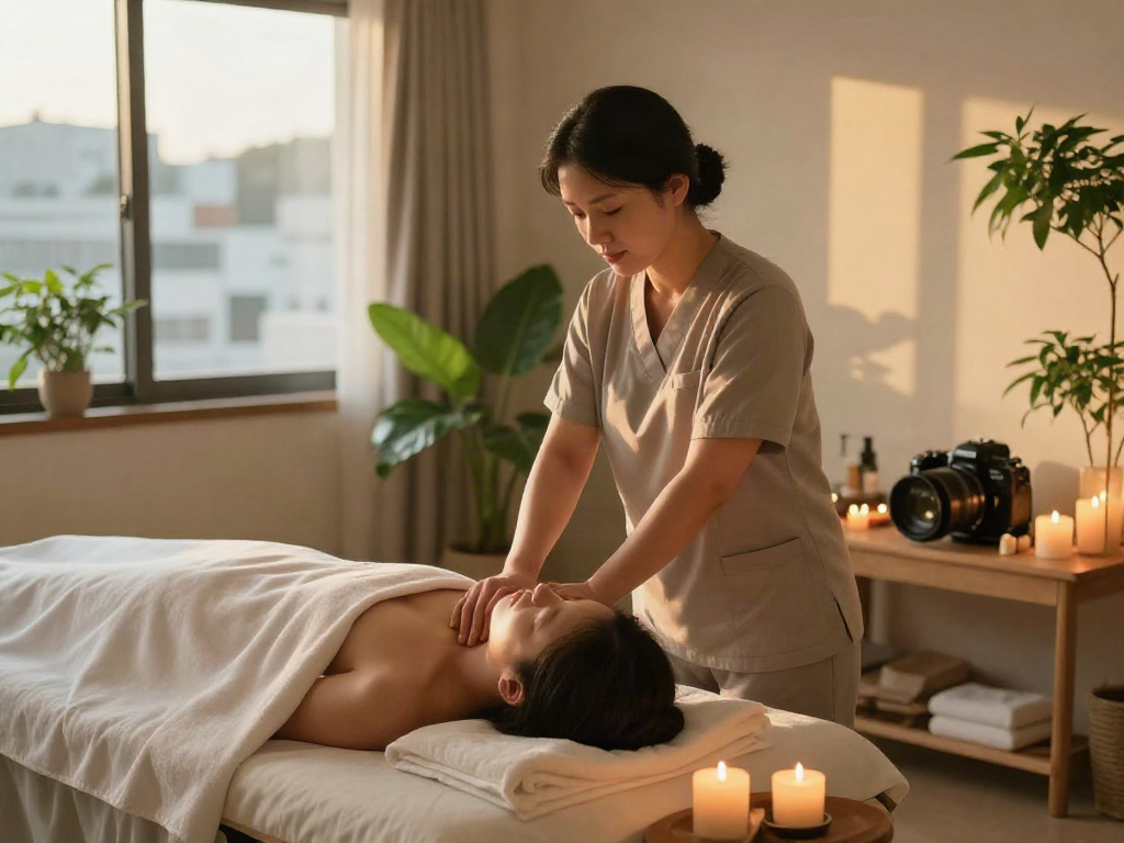Experience a soothing 성북구출장마사지 in a serene spa environment with calming light and natural elements.