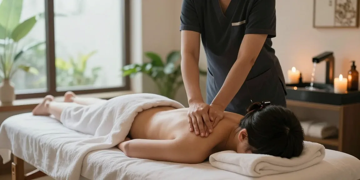 수원마사지 전문 마사지샵에서 편안한 마사지 받는 모습, 아늑한 분위기 속에서 긴장이 풀린 고객