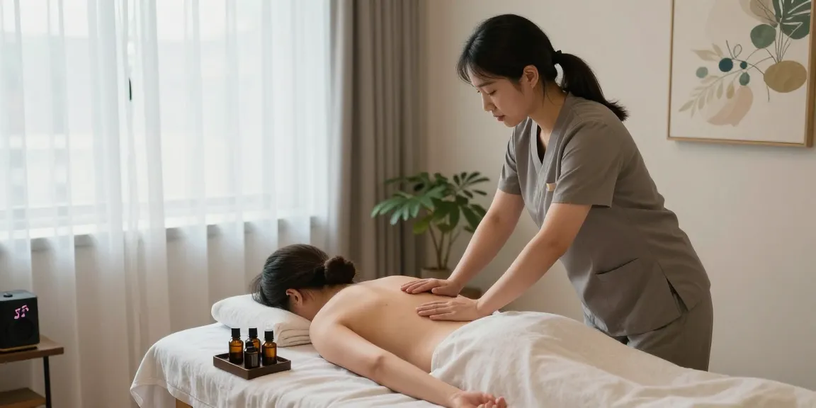 Experience ultimate relaxation with 하남출장마사지 in a tranquil therapy room, skilled therapist at work.