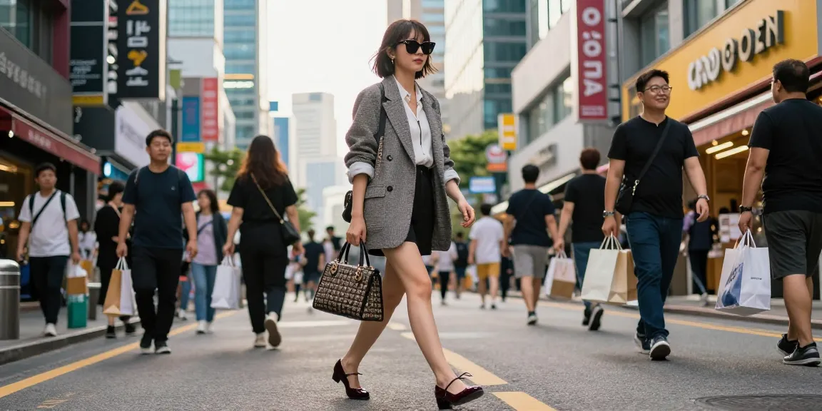 강남 세이렌 스타일의 패셔너블한 개인이 번화한 거리에서 자신감을 발산하며 걷고 있는 모습