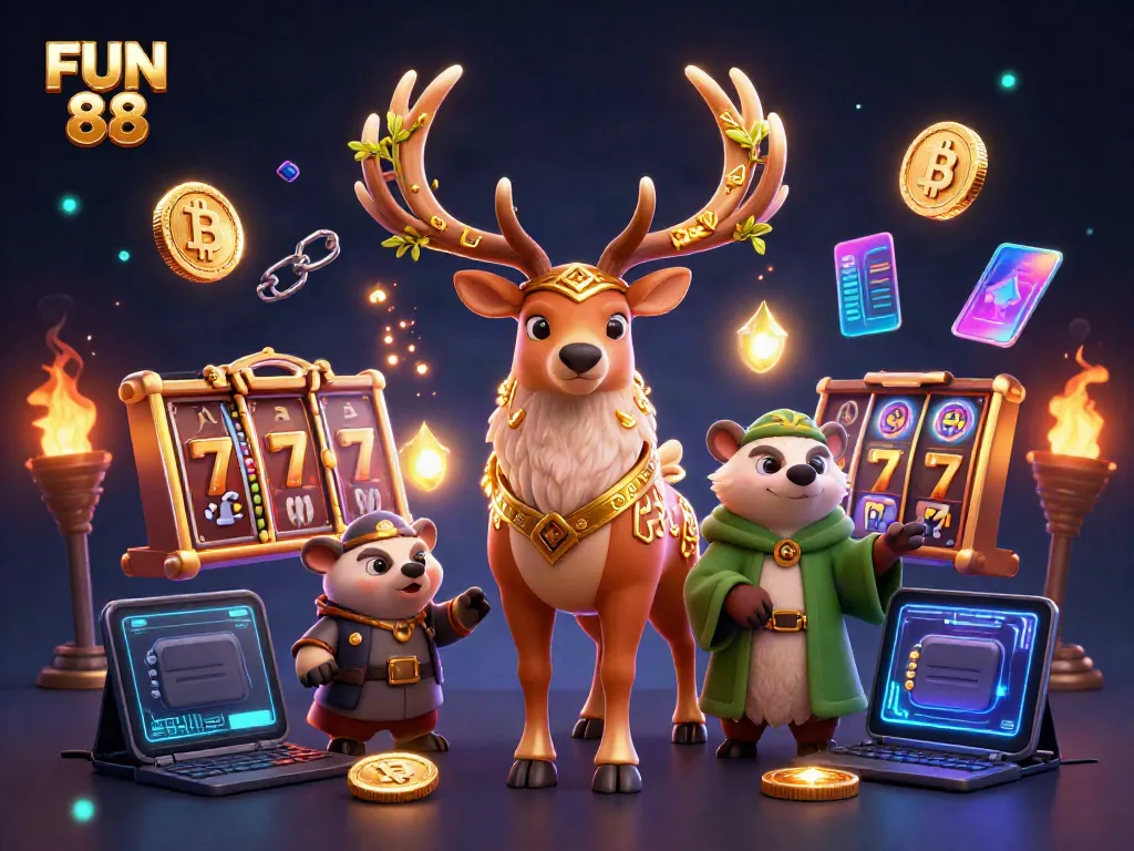 Engage in exciting slot gaming at FUN 88 featuring a druid stag and badger, surrounded by jackpot symbols.