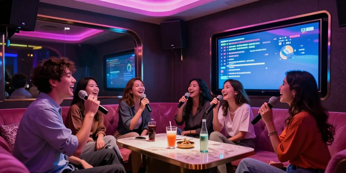 강남도파민에서 친구들과 함께 노래를 부르는 즐거운 모습과 화려한 조명이 비친 카라오케 룸