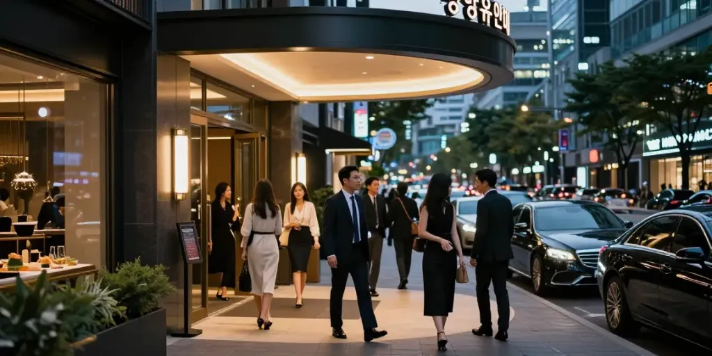 강남유앤미의 세련된 입구에서 고급스러운 분위기를 즐기는 손님들