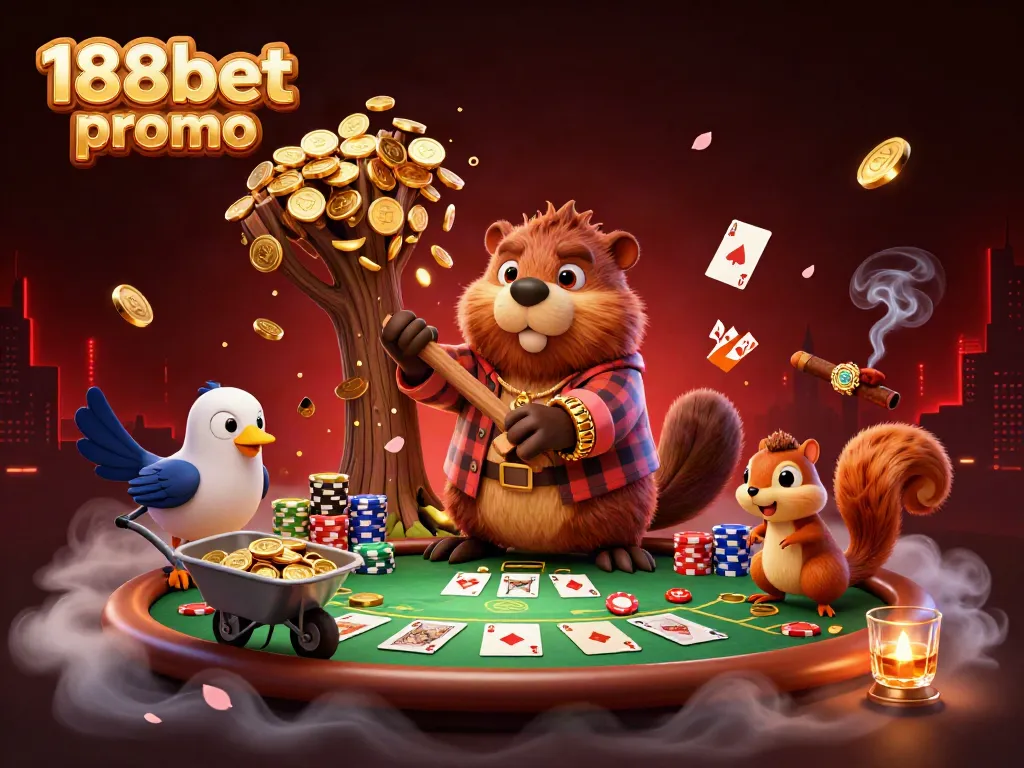 Experience the excitement of 188bet promo with a playful scene of cartoon animals in a casino setting.