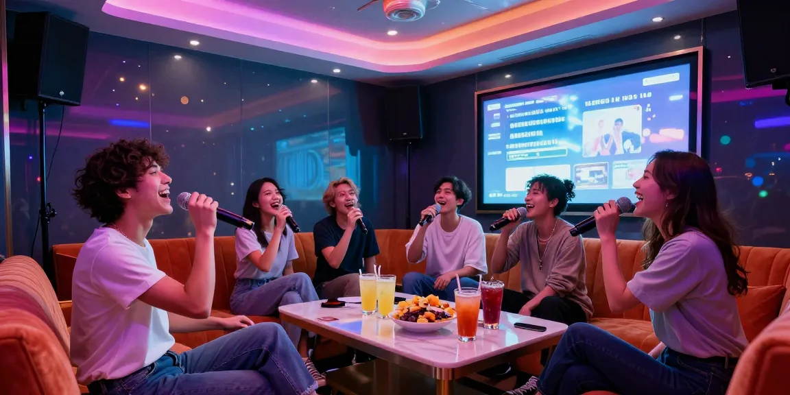 강남가라오케에서 친구들과 즐거운 노래를 부르는 모습과 화려한 조명, 편안한 좌석과 고급 음향 장비가 돋보입니다.