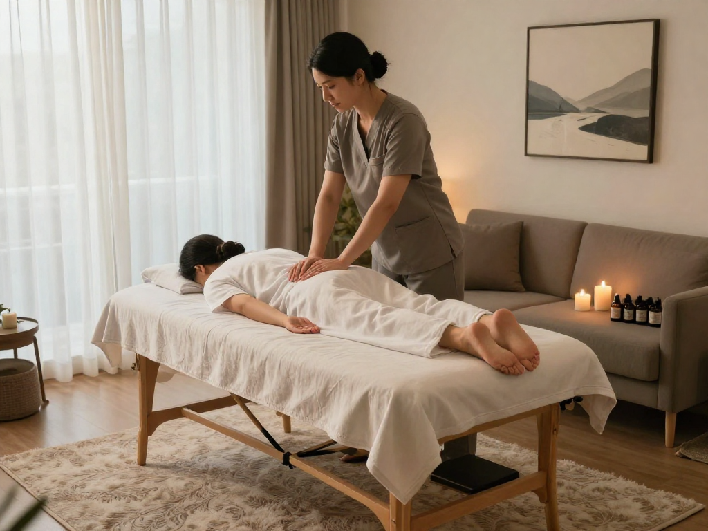 출장마사지 setup with a professional therapist and calming atmosphere for relaxation.