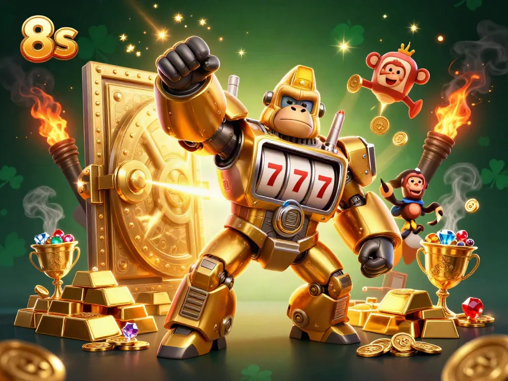 Engage with 8 S by exploring a golden gorilla mech surrounded by treasures of gambling.