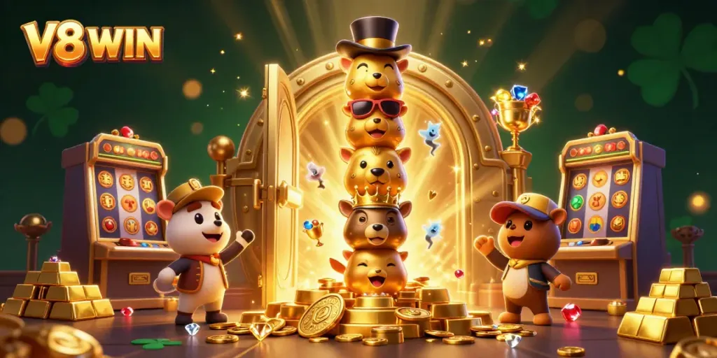 Experience enchanting V8 WIN thrills with a dazzling casino scene filled with gold coins and vibrant symbols.