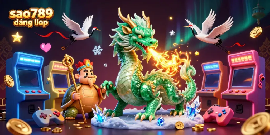 Experience the magic of sao789 đăng nhập with an emerald dragon, lucky cranes, and vibrant casino elements.