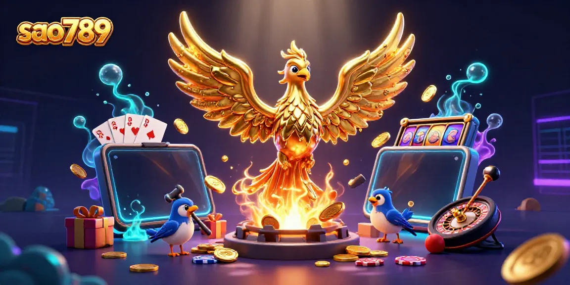 Experience excitement at sao789 with golden phoenix, casino games and dynamic elements in a vibrant 3D scene.