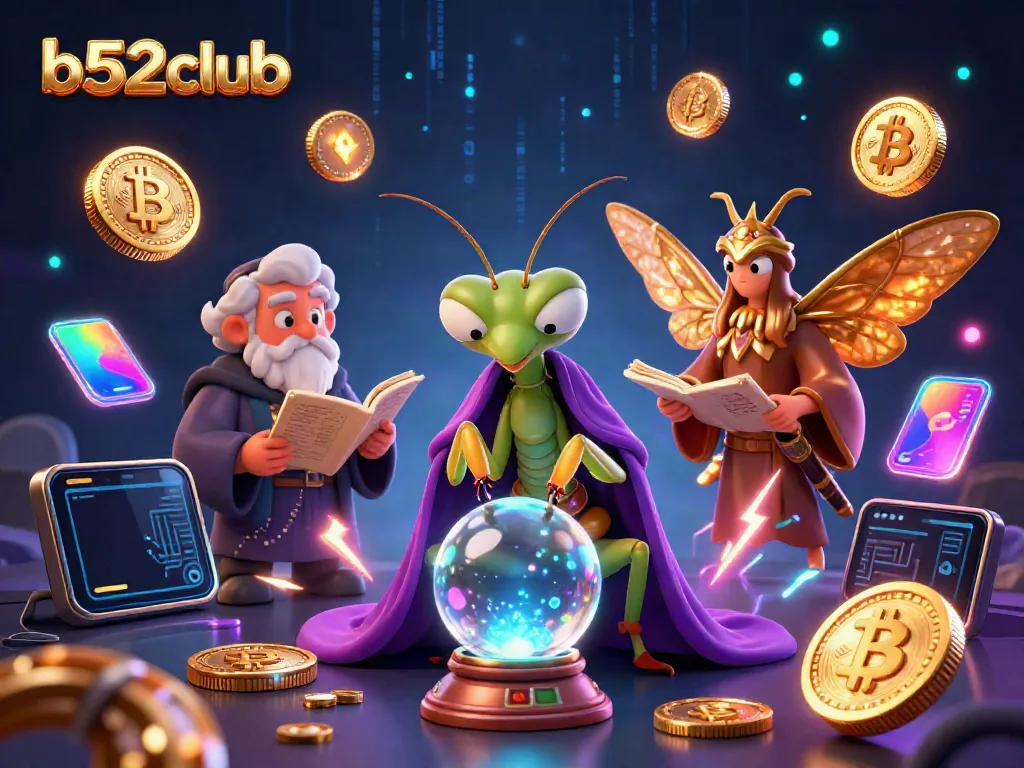 Engage with b52club's interactive gaming scene featuring mystical characters surrounded by vibrant casino elements.
