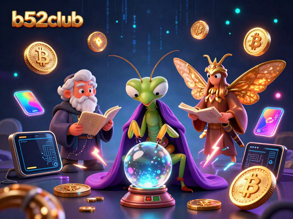 Engage with b52club's interactive gaming scene featuring mystical characters surrounded by vibrant casino elements.