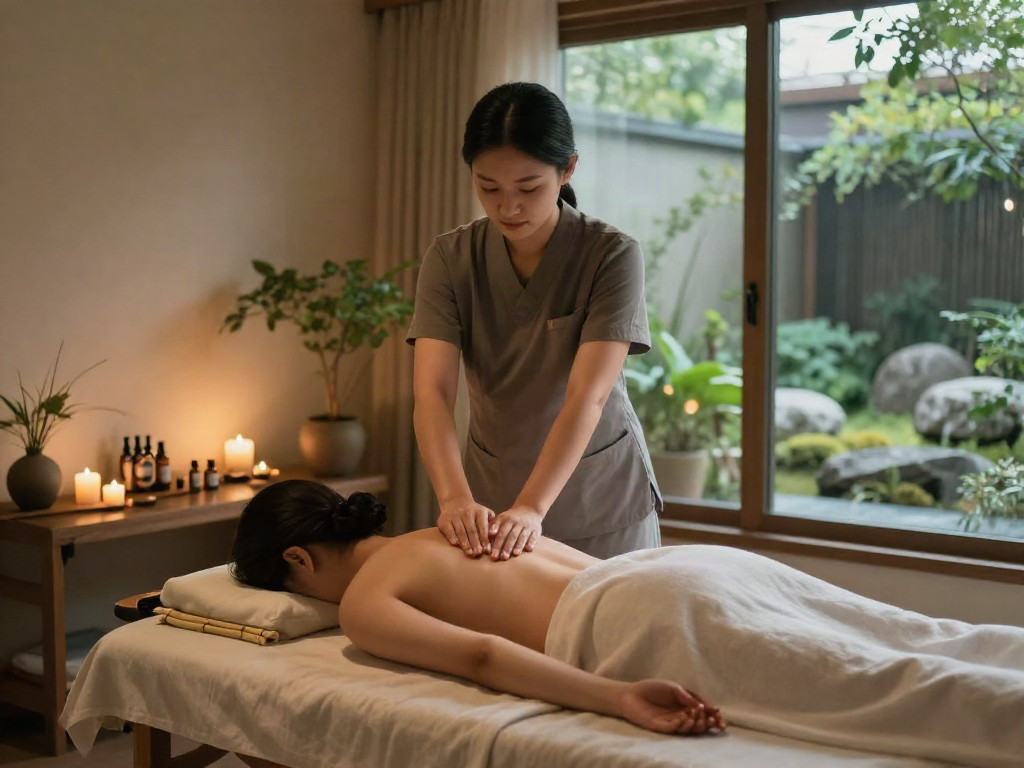 Relaxing 용인출장마사지 session in tranquil spa with candles and soothing atmosphere.