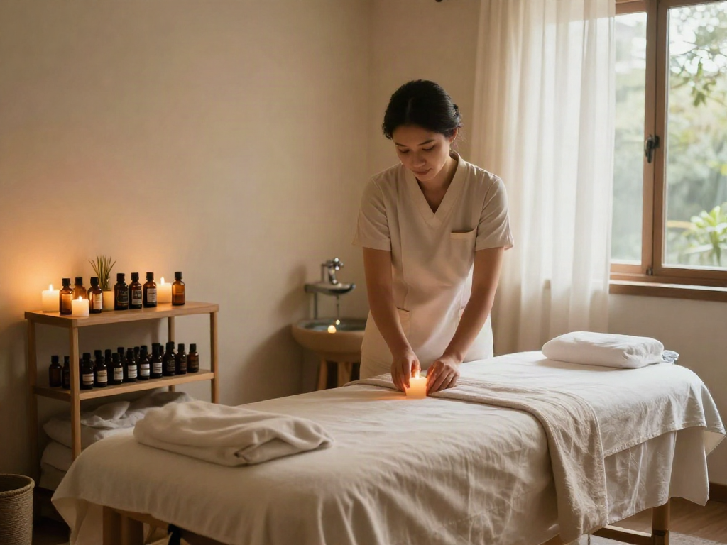 영등포출장안마를 위한 아늑한 마사지 therapy 룸, 편안한 조명과 아로마 오일이 있는 모습