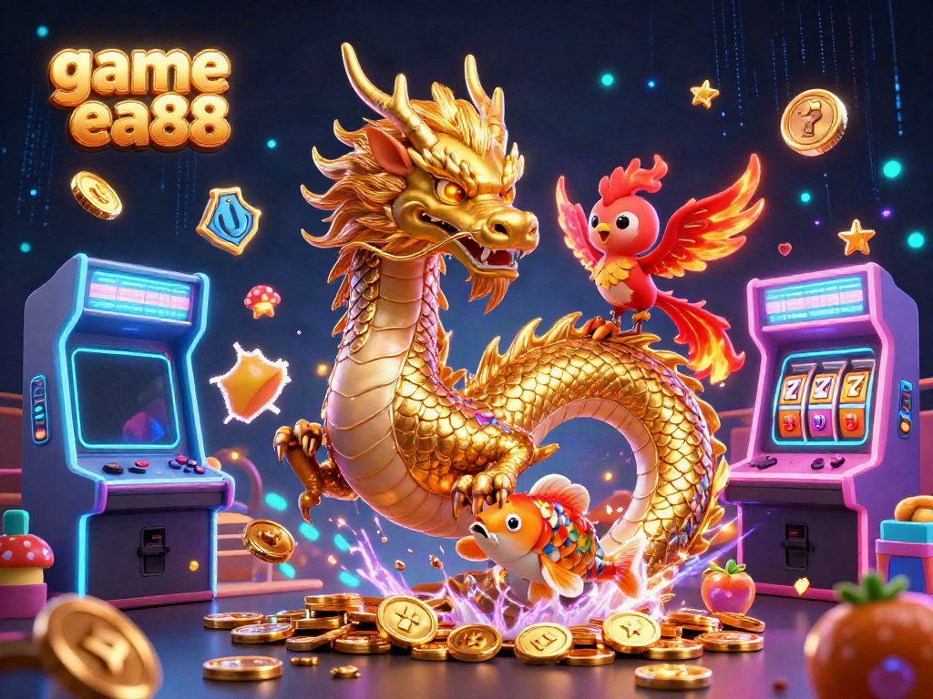 Experience the thrill of game ea88 with a vibrant casino scene featuring dragons, phoenixes, and arcade elements.