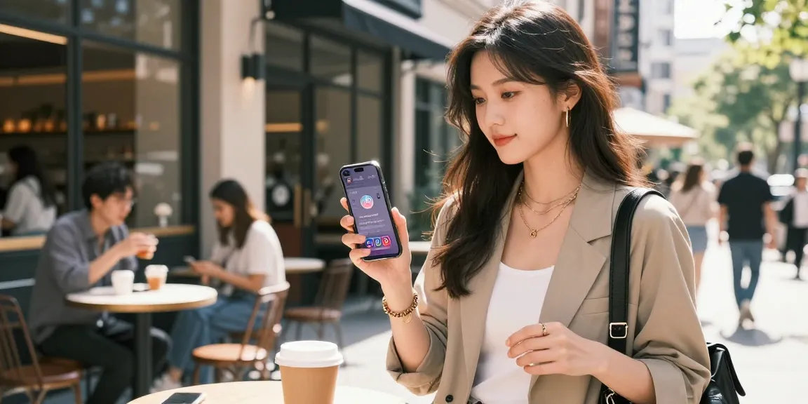 インスタグラムフォロワー購入をチェックしているインフルエンサーがカフェ前でスマートフォンを持つシーン