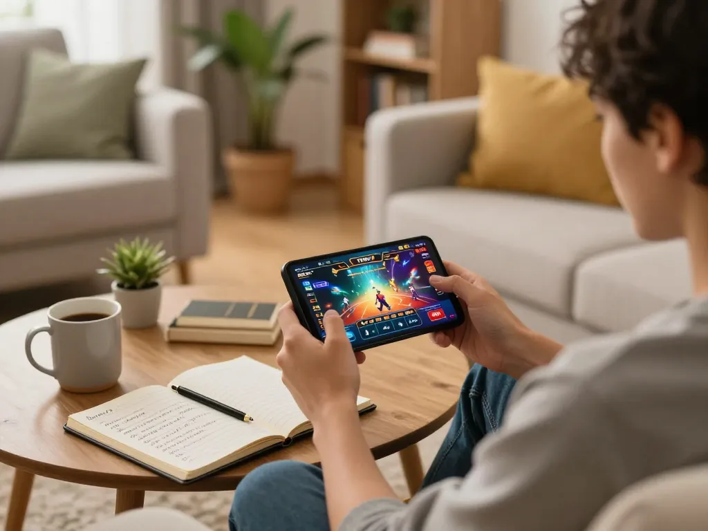 Person enjoying online gaming with 78WIN on mobile device, showcasing strategic gaming atmosphere