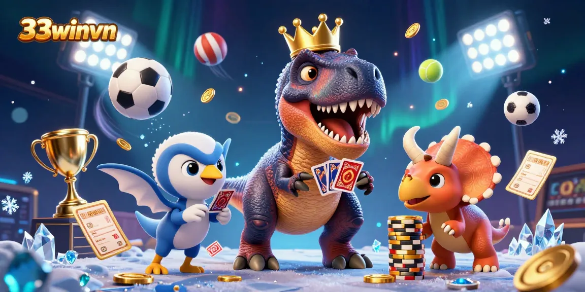 33winvn offers thrilling sports betting with friendly cartoon characters enjoying a lively casino atmosphere.