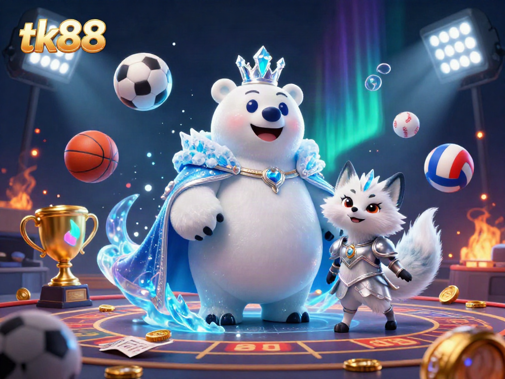Engage in thrilling gaming adventures with tk88, featuring a polar bear king, sports elements, and a dynamic casino ambiance.