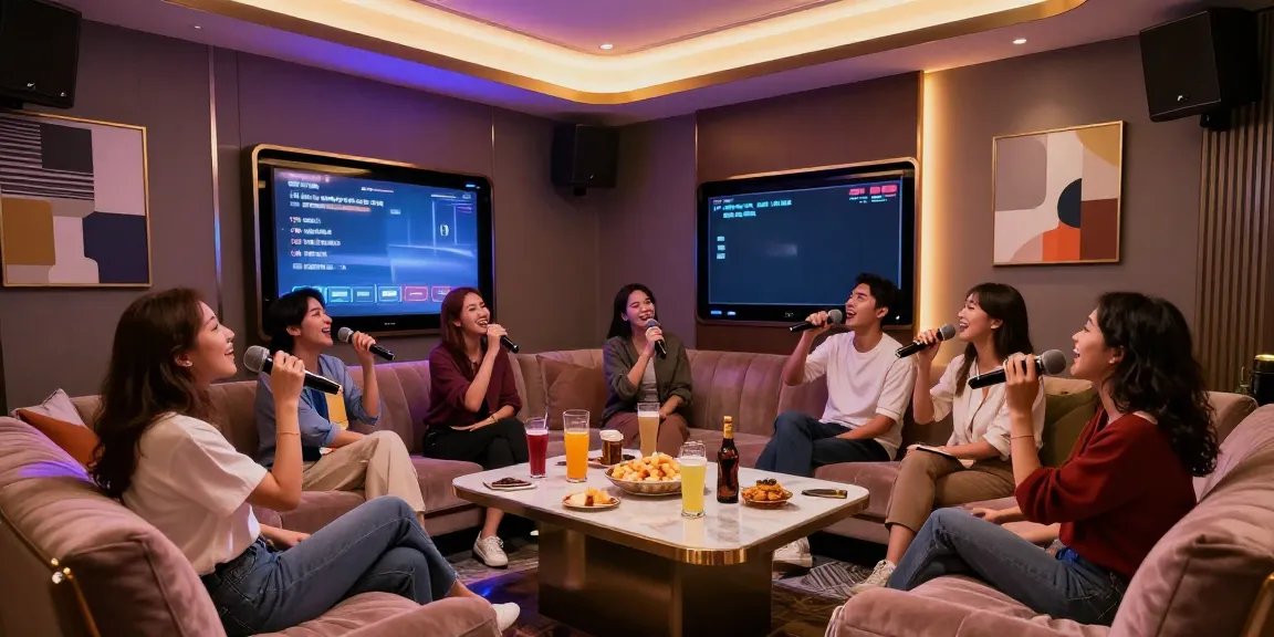 강남달토의 고급스러운 노래방 내부, 아늑한 조명과 함께 친구들이 즐겁게 노래하는 모습