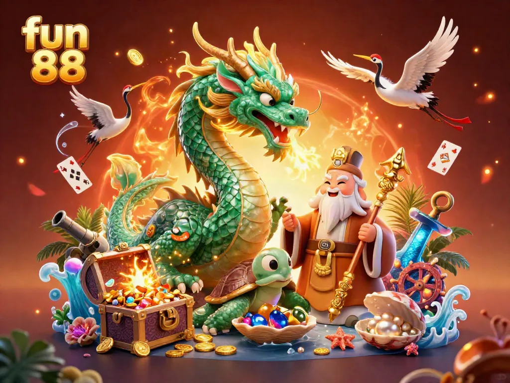 Experience exhilarating fun 88 gameplay with a dragon, turtle, and cranes surrounded by treasure and cards.