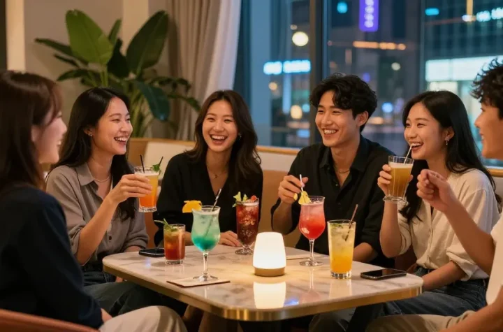 퀸알바를 위한 강남의 세련된 라운지에서 친구들과 함께 즐거운 밤을 보내는 모습