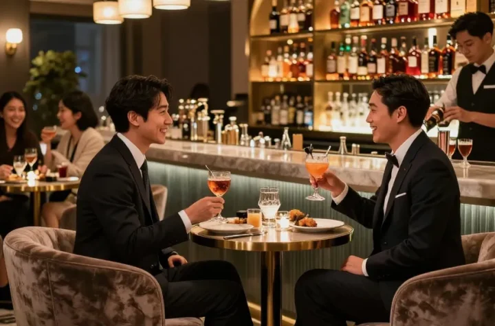 강남블랜딩쩜오에서 고급스럽고 세련된 분위기를 즐기는 손님과 호스트의 모습
