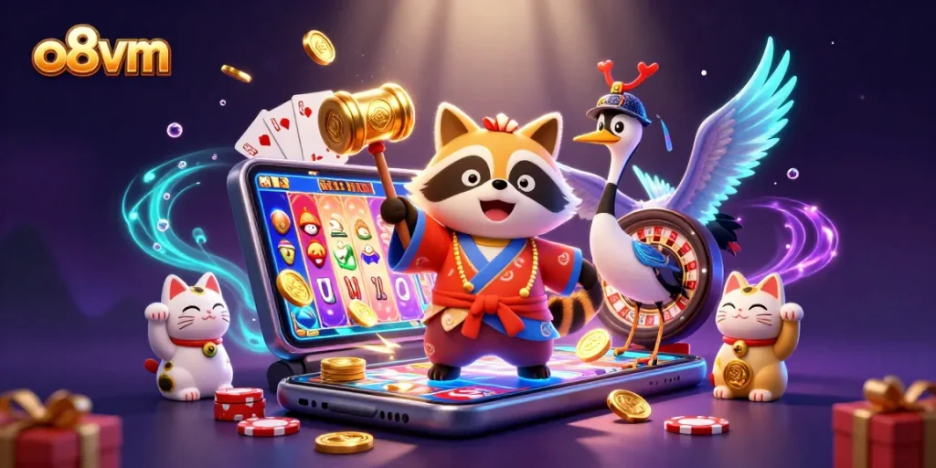 Experience fun with o8vm as a cheerful tanuki and friends play exciting casino games with vibrant rewards.