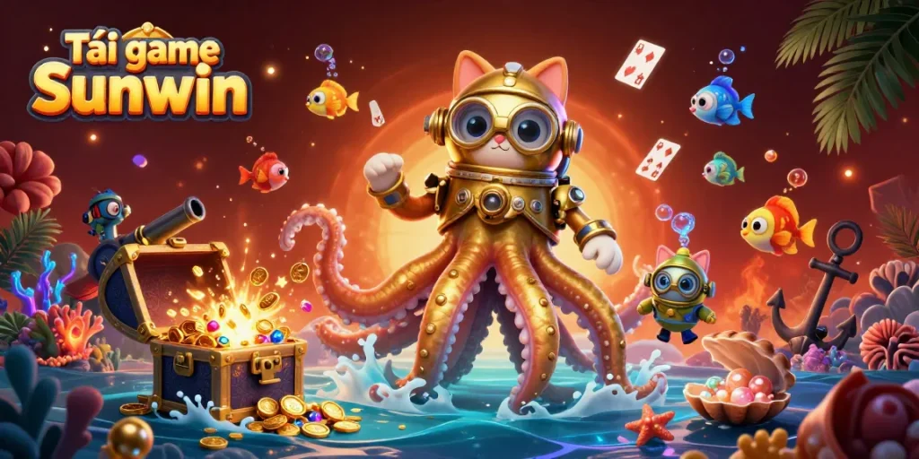 Tải game Sunwin with a captivating kraken and diving cat illustration, perfect for mobile gamers