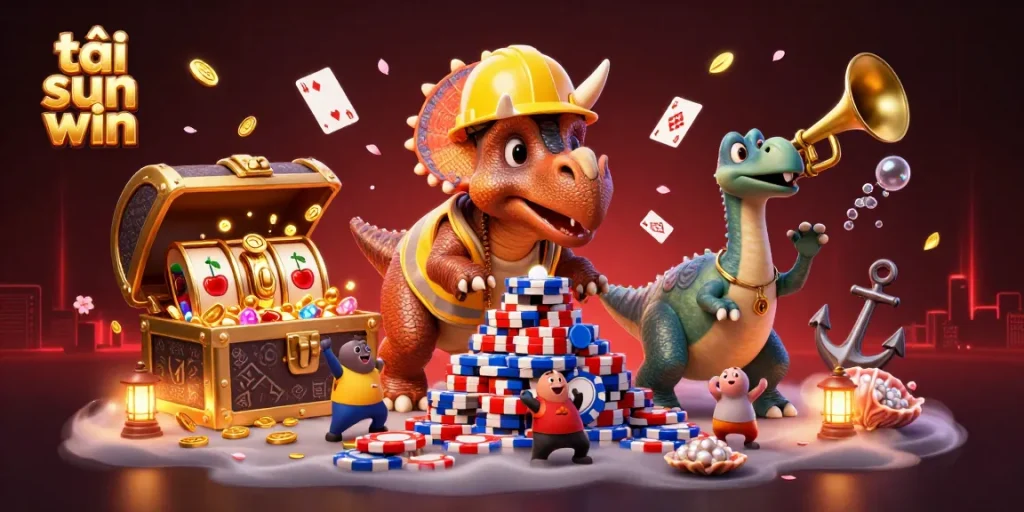 Engage in excitement while tải sun win with thrilling poker chip action and celebratory characters in a vibrant casino scene.