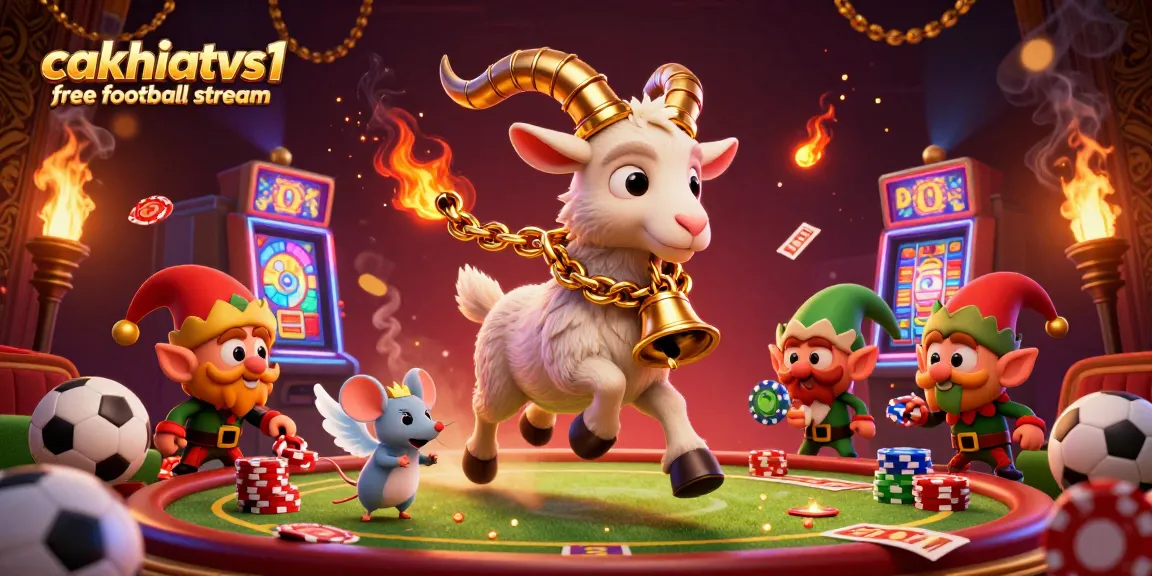 Cakhiatvs1 free football stream showcases a dynamic casino scene featuring unique cartoon characters amidst vibrant betting elements.