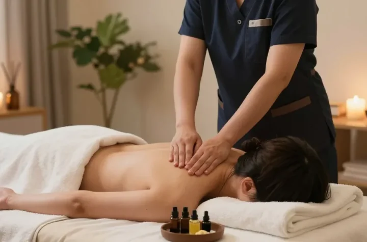 성남출장마사지 중인 한국인 전문 관리사가 고객을 위한 편안한 공간에서 마사지를 제공하는 모습