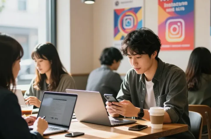 SNS 運用 代行 おすすめのためにカフェでInstagramのフォロワーを増やす戦略を議論する日本人若者のシーン