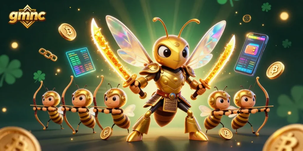 Gamblers engage with mesmerizing gmnc characters in a vibrant crypto casino scene.